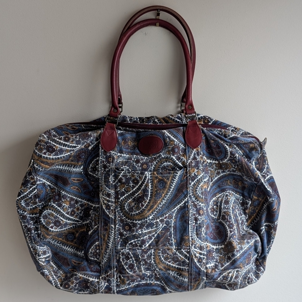 Vintage light cotton canvas duffel bag unlined paisley leather